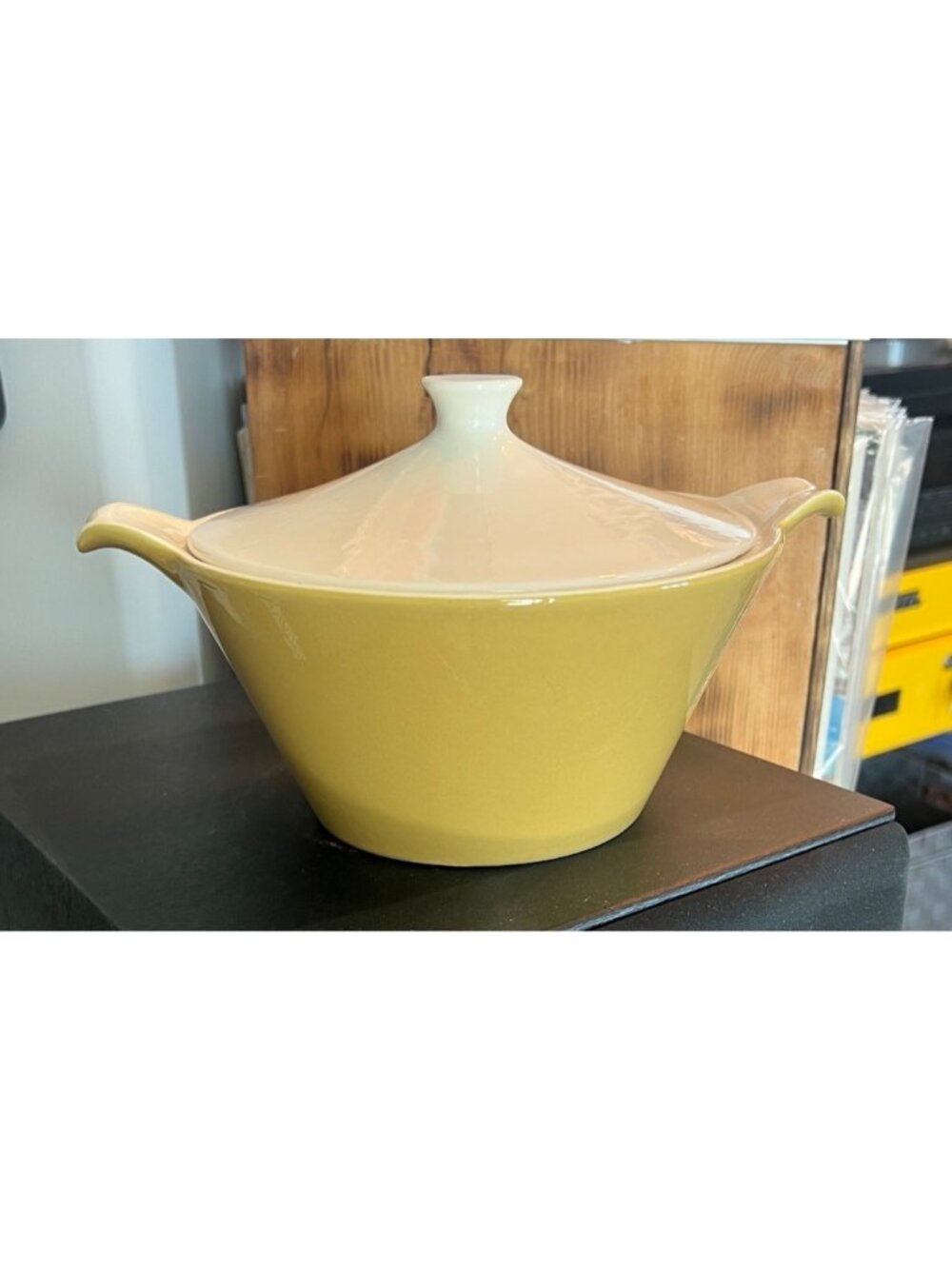 Vintage Royal China casserole dish is in the "Star Glow" pattern, MCM